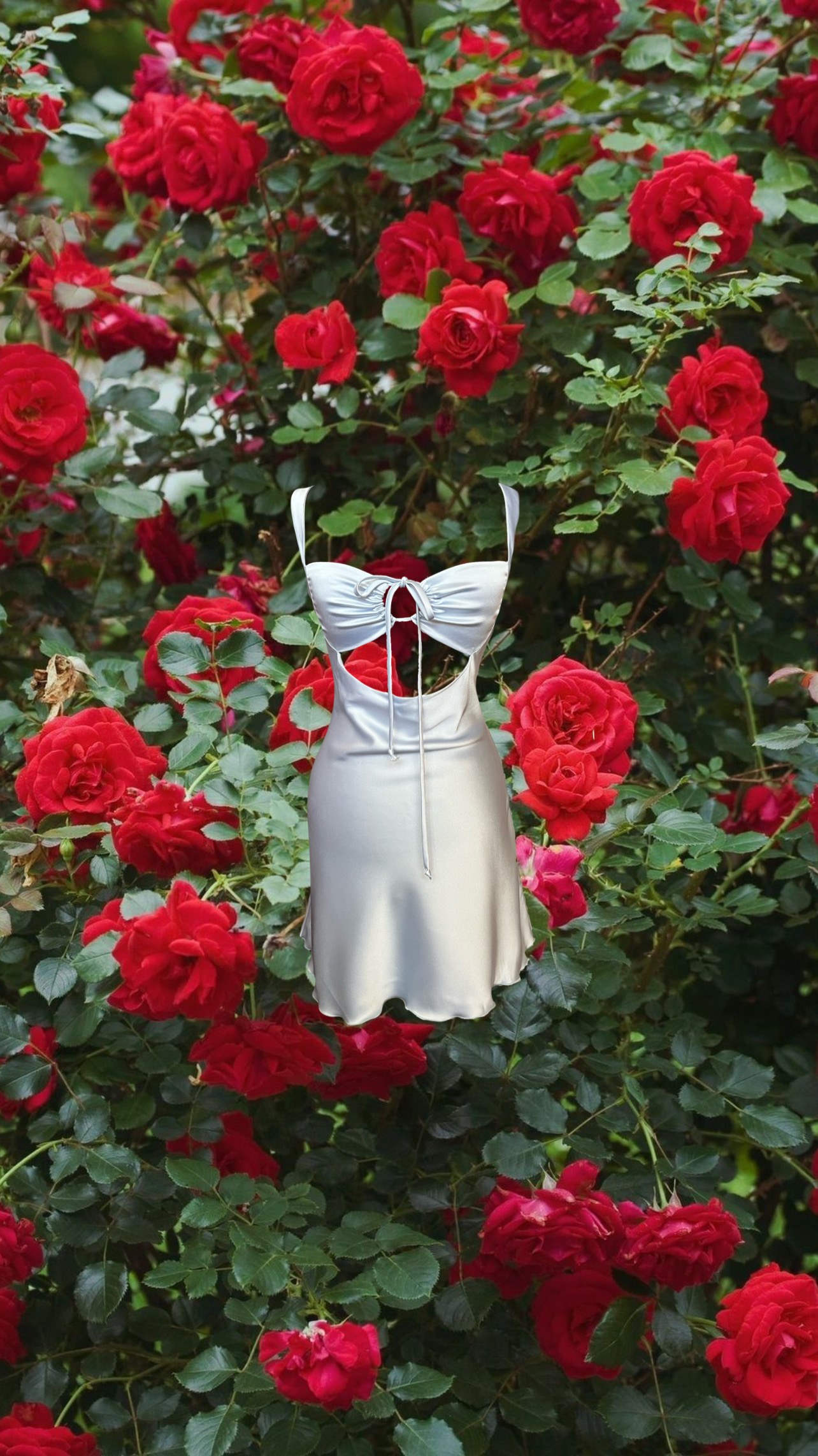 Плаття небесного кольору KATRIN DRESS від бренду Her Name на фоні червоних квітів